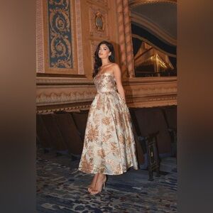 Mac Duggal Strapless Bronze Brocade Midi Dress with Pockets